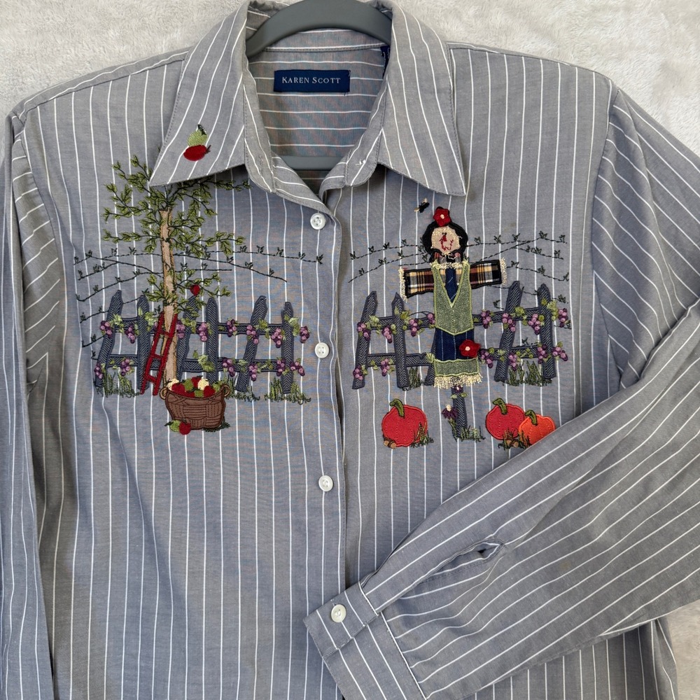 Karen Scott vintage Embroidered Scarecrow Fall Button Up Top Novelty Womens M